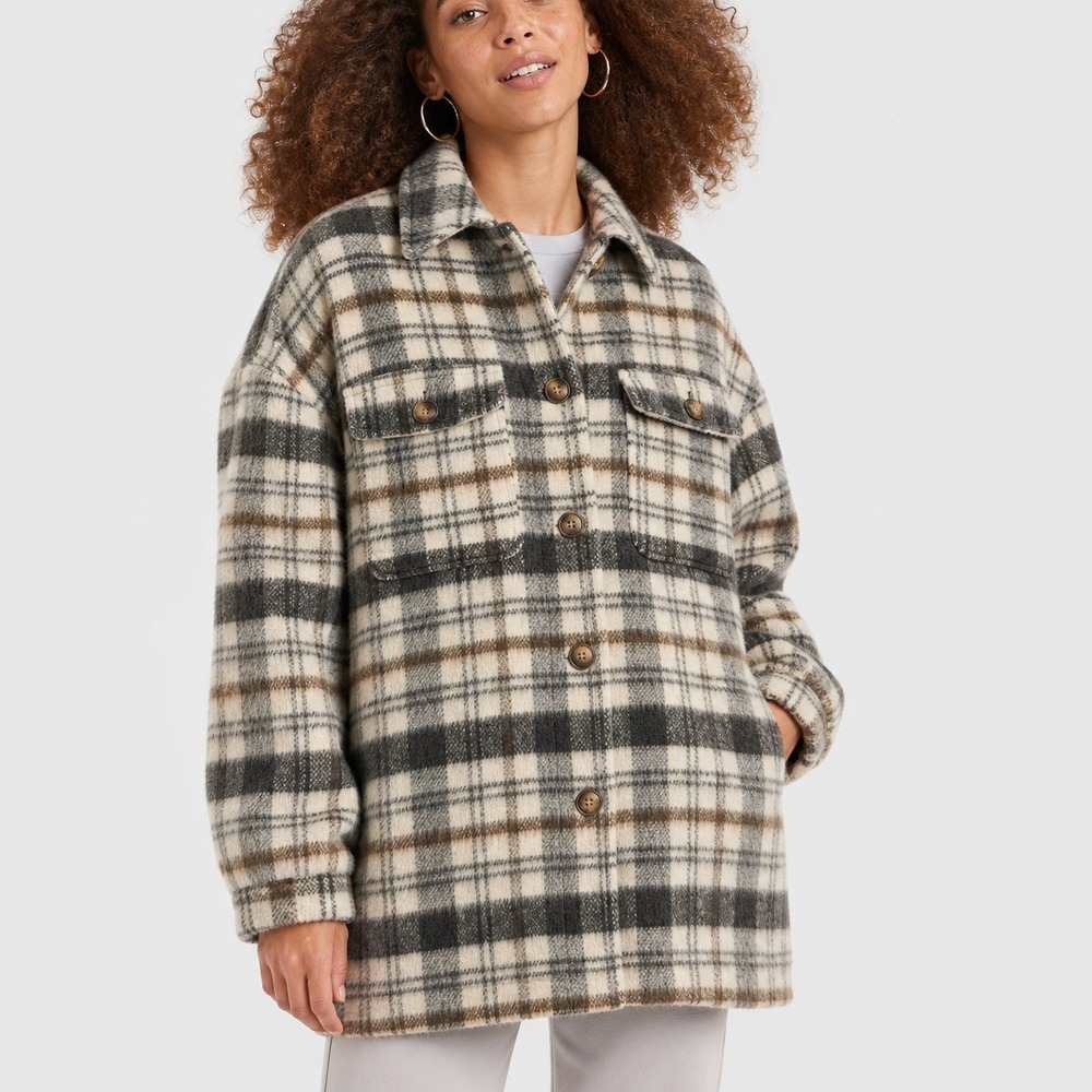 Universal Thread Womens Plaid Shacket Neutral Black Brown Button Front Small NEW